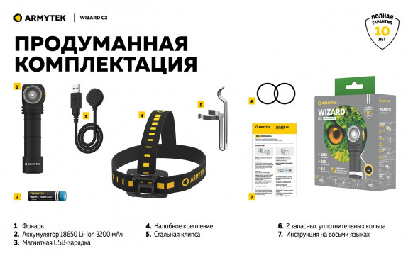 Фонарь налобный Armytek Wizard C2 Magnet USB (теплый свет)